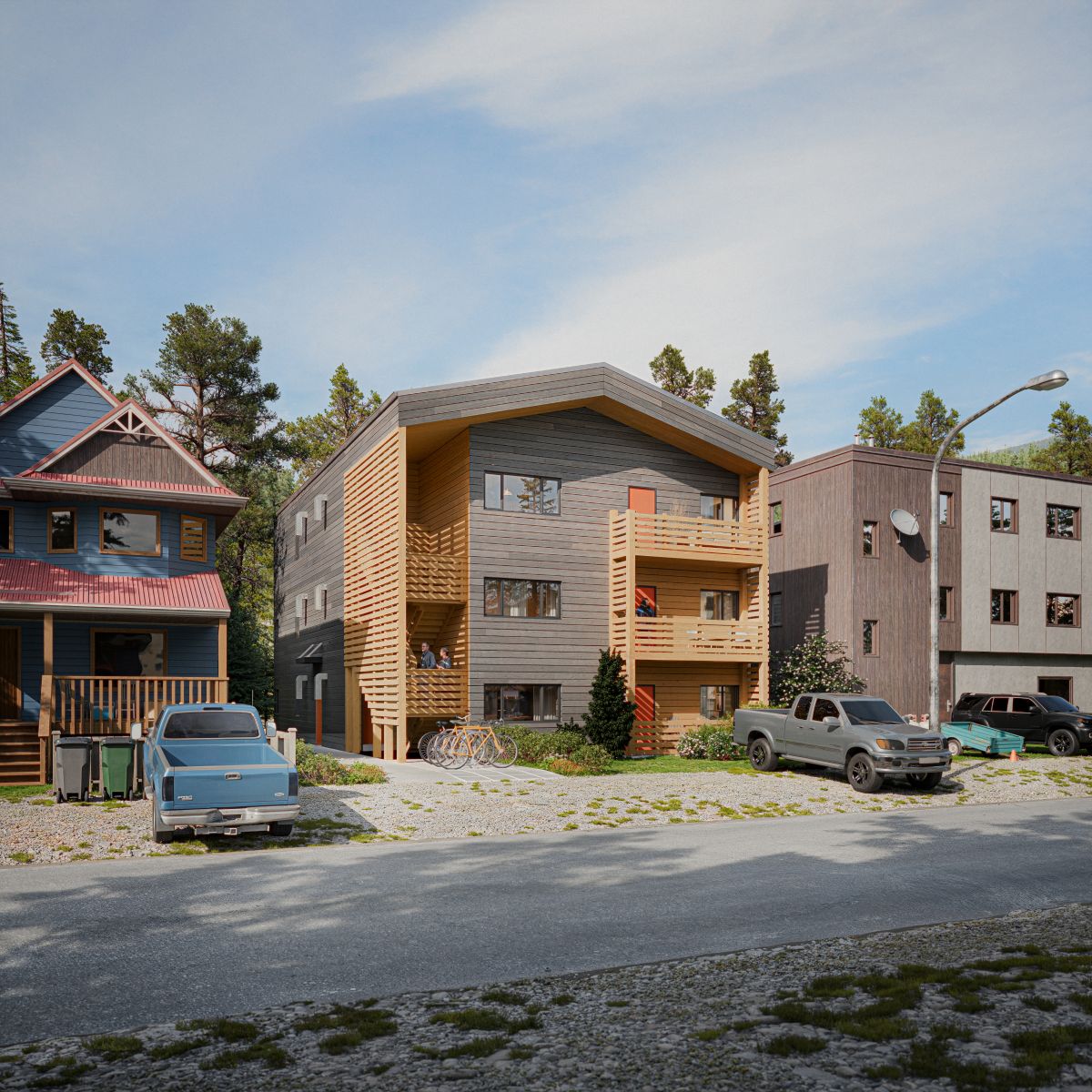 A 3D rendering shows the front of a three-storey sixplex with a pitched roof, horizontal wooden paneling, large windows and covered entryways on elevated porches with shared stairwells leading to the ground floor and upper units. 